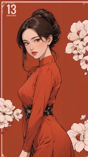 1girl, looking at viewer, thigh up body, eros and elegant, red background, hairstyle, cinematic composition, cutout clothing, ultra detailed, best quality, sharp focus, aespakarina, magazine cover, outline, 2D art, chimai,htt,sim,huondey,kn