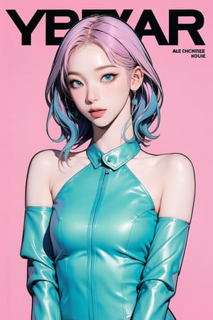 allure, 1girl, thigh up body, detailed clothes, cutout, kpop idol outfit, styled, medium hair, pink purple hair, looking at viewer, sharp focus, magazine cover, cyan blue background, ((outline,)) chimai, aespakarina,sanatw