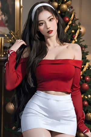 1girl, masterpiece, high detailed, realistic, digital art, beautiful girl, christmas, christmas girl costume, thighs up body, cropped clothes, skirt, red and white theme, aespakarina, aespakarina, 1girl, detailed beautiful face, detailed beautiful eyes, sharp focus, hair band, ,sanatw