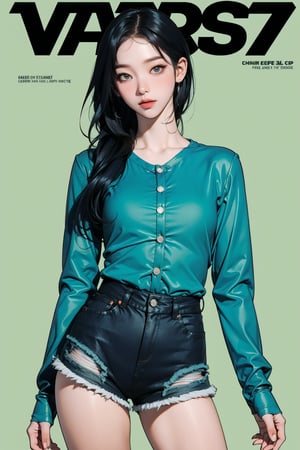 1girl, thigh up body, detailed clothes, kpop idol, hairstyle, tight long sleeves v_neck button shirt, shorts, looking at viewer, sharp focus, magazine cover, green background, ((outline,)) chimai, aespakarina,sanatw