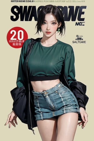 1girl, ((thigh up body,)) looking at viewer, detailed clothes, earrings, sanatw, ((magazine cover, green background,))