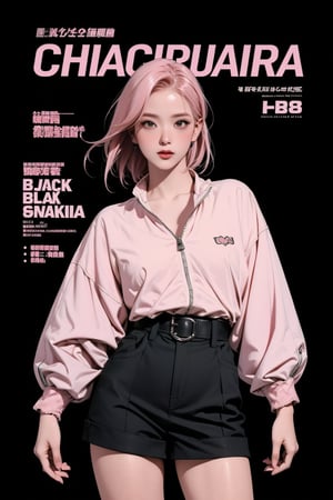 1girl, thigh up body, standing, looking at viewer, pink hair, styled clothes, ultra detail, accurate color reproduction, black background, best quality, professionally color graded, artwork, blurring effect, professional lighting, sanatw, magazine cover,sim,chimai,aespakarina,jisoo