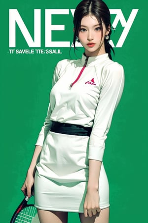 tennis girl outfit, 1girl, thigh up body, looking at viewer, hairstyle, detailed clothes, earrings, sanatw, magazine cover, green background,