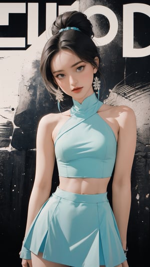 1girl, looking at viewer, thigh up body, sexy and elegant, cyan background, hairstyle, dynamic composition, styled clothes, cutout clothing, ((sleeveless croptop, miniskirt, bare shoulder,)) ultra detailed, best quality, sharp focus, aespakarina, magazine cover, outline, 2D art, kn