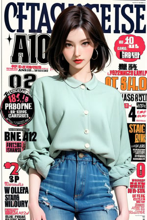 styled outfit, 1girl, standing, looking at viewer, detailed clothes, earrings, sanatw, magazine cover, ((2D artstyle,))