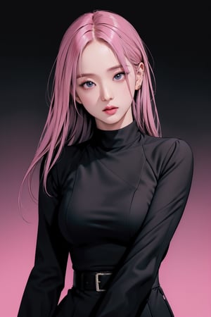 1girl, thigh up body, looking at viewer, pink hair, styled clothes, ultra detail, accurate color reproduction, black background, best quality, professionally color graded, artwork, blurring effect, professional lighting, sanatw, magazine cover,sim,chimai,aespakarina,jisoo