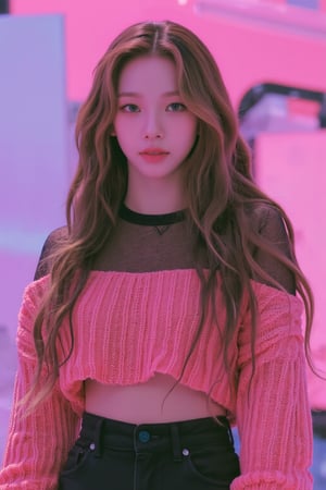 1girl, hip up body, kpop idol, styled shirt, standing, on stage, detailed clothes, looking at viewer, ultra detailed, beautiful face, natural lighting, magazine cover, 2.5D artstyle, best quality, masterpiece, aespakarina, straight camera angle,