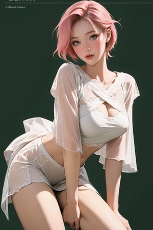 lustful, allure, sexy, 1girl, pink hair, thigh up body, looking at viewer, translucent, intricate clothes, cutout clothes, cinematic lighting, different hairstyle, magazine cover, green background, sim, kmiu