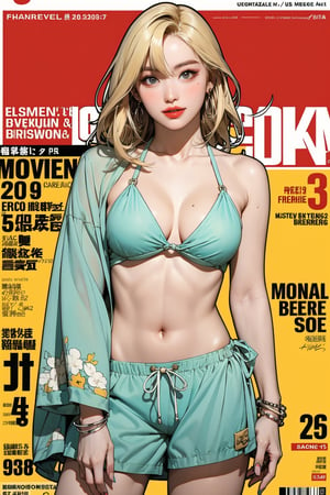 short 1girl, bracelets, blonde hair, ((standing,)) looking at viewer, earrings, swimsuit, intricate background, magazine cover, mthanhh,momo