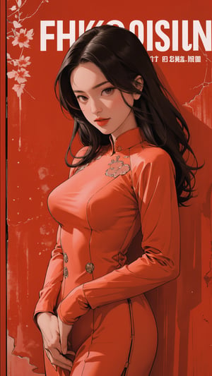 1girl, looking at viewer, thigh up body, sexy and elegant, red background, hairstyle, cinematic composition, styled clothes, cutout clothing, ultra detailed, best quality, sharp focus, aespakarina, magazine cover, outline, 2D art, chimai,htt,sim,huondey,kn