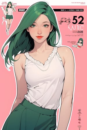 mature, lustful, allure, 1girl, green hair, red lips, eye_lens, detailed and styled clothes, medium breasts, skirt, looking at viewer, best quality, masterpiece, sharp focus, hakil, magazine cover, ((outline, 2D manga artstyle,))