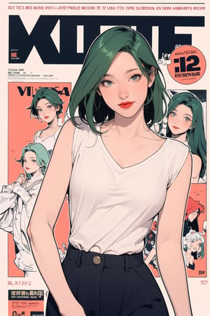 mature, lustful, allure, 1girl, green hair, red lips, eye_lens, detailed and styled clothes, styled top, medium breasts, skirt, looking at viewer, best quality, masterpiece, sharp focus, hakil, magazine cover, ((outline, 2D manga artstyle,))