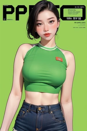 1girl, thigh up body, detailed clothes, kpop idol, hairstyle, croptop, looking at viewer, sharp focus, magazine cover, green background, ((outline,)) chimai, aespakarina,sanatw