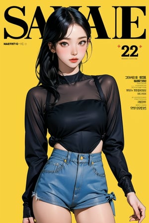 allure, 1girl, thigh up body, detailed clothes, cutout, kpop idol outfit, styled, medium hair, tied hair, looking at viewer, sharp focus, magazine cover, yellow background, ((outline,)) chimai, aespakarina,sanatw