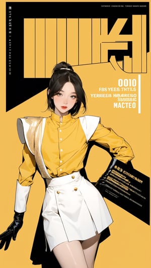 1girl, looking at viewer, thigh up body, sexy and elegant, yellow background, cutout clothing, hairstyle, cinematic composition, styled clothes,  ultra detailed, best quality, sharp focus, magazine cover, outline, 2D artstyle, htt