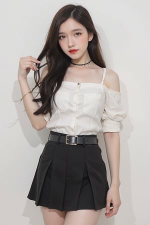 portrait, 1girl, thigh up, light make up, styled shirt, skirt, piercing, looking at viewer, make up, choker, hairstyled, white background, highres, accurate color reproduction, sharp focus, 
aespakarina, chimai,Enhanced all,charcoal \(medium\),yuongg,hine,hakil