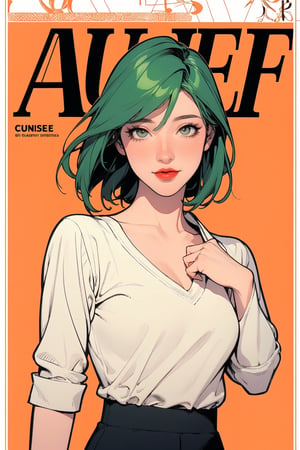 mature, lustful, allure, 1girl, green hair, red lips, eye_lens, detailed and styled clothes, medium breasts, skirt, looking at viewer, best quality, masterpiece, sharp focus, hakil, magazine cover, ((outline, 2D manga artstyle,))