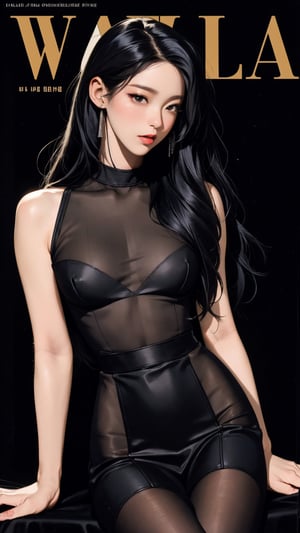 1girl, attendant, looking at viewer, thigh up body, stocking, earings, elegant, blush, black background, hairstyle, styled clothes, cinematic composition, ultra detailed, best quality, sharp focus, magazine cover, outline, 2D artstyle, seolhuyn