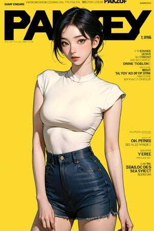 1girl, thigh up body, detailed clothes, kpop idol, short medium hair, pony tails, looking at viewer, sharp focus, magazine cover, yellow background, ((outline,)) chimai, aespakarina,sanatw