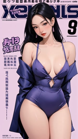 1girl, looking at viewer, thigh up body, stocking, earings, blush, lustful emotion, nsfw, purple background, hairstyle, styled clothes, cutout clothes, dynamic composition, ultra detailed, best quality, sharp focus, magazine cover, outline, 2D artstyle,aespakarina,htt,sim