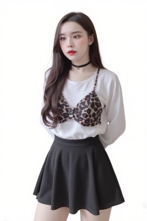 portrait, 1girl, thigh up, light make up, styled shirt, skirt, piercing, looking at viewer, make up, choker, hairstyled, white background, highres, accurate color reproduction, sharp focus, 
aespakarina, chimai,Enhanced all,charcoal \(medium\),yuongg,hine,hakil,haoulz