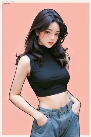 1girl, looking at viewer, styled clothes, turtle neck croptop, sleeveless, hairstyle, sharp focus, magazine cover, coloful background, 2D artstyle, outline, 

chimai,hine,hakil,yuong01,johyun