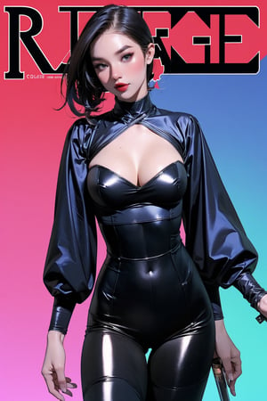 lustful, dangerous, ((rogue, assassin)) thigh up body, 1girl, looking at viewer, intricate clothes, shiny, professional lighting, different hairstyle, coloful outfit, background, magazine cover, outline, chimai