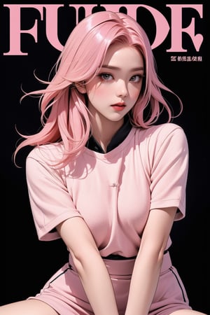 1girl, thigh up body, looking at viewer, pink hair, styled clothes, ultra detail, accurate color reproduction, black background, best quality, professionally color graded, artwork, blurring effect, professional lighting, sanatw, magazine cover,sim,chimai,aespakarina,jisoo