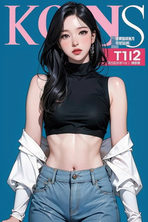 1girl, thigh up body, looking at viewer, styled clothes, turtle neck croptop, sleeveless, sharp focus, magazine cover, coloful background, 2D artstyle, outline, 

chimai,hine,hakil,yuong01,johyun,sim,haohaoulz,kn,htt