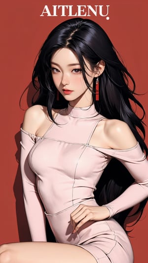 1girl, attendant, looking at viewer, thigh up body, stocking, earings, elegant, blush, red background, hairstyle, styled clothes, cinematic composition, ultra detailed, best quality, sharp focus, magazine cover, outline, 2D artstyle, seolhuyn