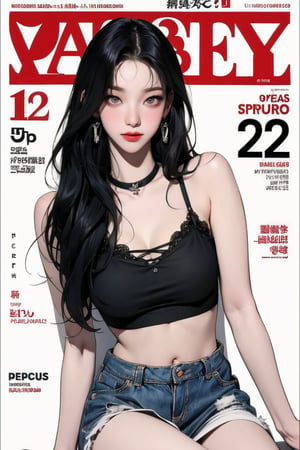 1girl, thigh up body, looking at viewer, styled clothes, hairstyle, aespakarina, magazine cover, center_opening, midriff_peek, fur trim, earrings, 2D manga artstyle, 
