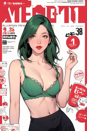 mature, lustful, allure, 1girl, green hair, red lips, eye_lens, detailed and styled clothes, styled top, bra, medium breasts, skirt, looking at viewer, best quality, masterpiece, sharp focus, hakil, magazine cover, ((outline, 2D manga artstyle,))