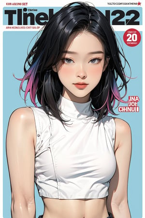 1girl, looking at viewer, styled clothes, turtle neck croptop, sleeveless, hairstyle, sharp focus, magazine cover, coloful background, 2D artstyle, outline, 

chimai,hine,hakil,yuong01,johyun,sim,haohaoulz,kn