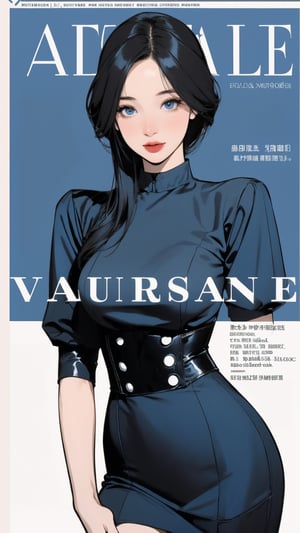 1girl, looking at viewer, thigh up body, beautiful and elegant, blue background, cutout clothing, hairstyle, cinematic composition, styled clothes,  ultra detailed, best quality, sharp focus, ((magazine cover, outline, 2.5D artstyle,)) htt