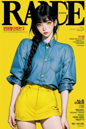 1girl, thigh up body, detailed clothes, kpop idol, short length hair, 2_braided_hair, blunt bangs, looking at viewer, sharp focus, magazine cover, yellow background, ((outline,)) chimai, aespakarina,sanatw