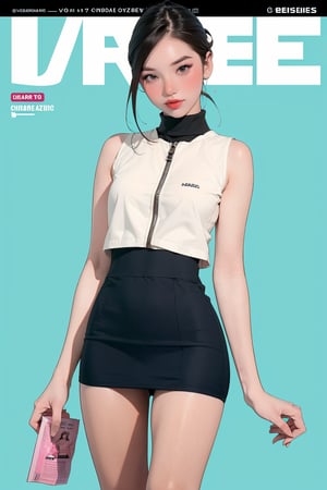 1girl, standing, looking at viewer, styled clothes, turtle neck shirt, sleeveless, zipped mini skirt, hairstyle, sharp focus, magazine cover, coloful background, 2D artstyle, outline, chimai,