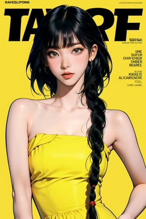 1girl, thigh up body, detailed clothes, kpop idol, short length hair, 2_braided_hair, blunt bangs, looking at viewer, sharp focus, magazine cover, yellow background, ((outline,)) chimai, aespakarina,sanatw