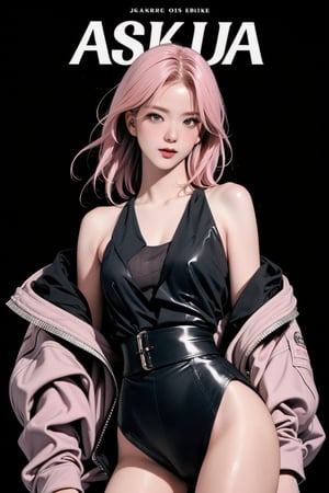 1girl, thigh up body, standing, looking at viewer, pink hair, styled clothes, ultra detail, accurate color reproduction, black background, best quality, professionally color graded, artwork, blurring effect, professional lighting, sanatw, magazine cover,sim,chimai,aespakarina,jisoo