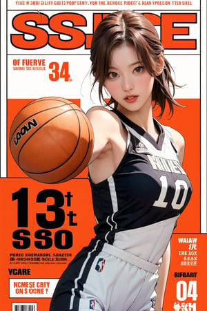 1girl, thigh up body, basketball girl outfit, looking at viewer, sanatw, magazine cover, dynamic angle, dynamic posing,