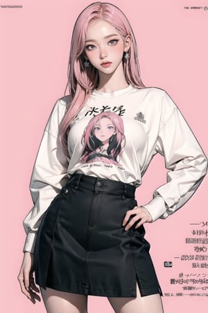 1girl, hip up body, standing, detailed beautiful face, pink hair, detailed clothes, shirt, skirt, earrings, looking at viewer, magazine cover, ((2D manga artstyle,)) aespakarina,