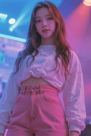 1girl, hip up body, kpop idol, styled shirt, standing, on stage, detailed clothes, looking at viewer, ultra detailed, beautiful face, natural lighting, magazine cover, 2.5D artstyle, best quality, masterpiece, aespakarina, straight camera angle,