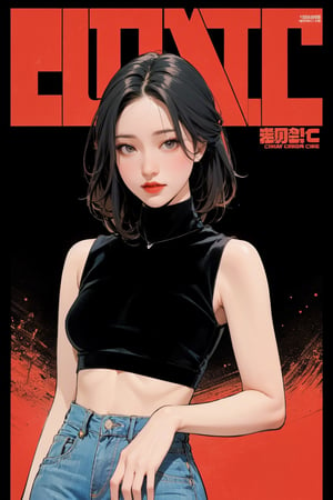 1girl, looking at viewer, styled clothes, turtle neck croptop, sleeveless, hairstyle, sharp focus, magazine cover, coloful background, 2D artstyle, outline, 

chimai,hine,hakil,yuong01,johyun,sim,haohaoulz,kn