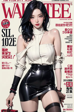 1girl, different styled shirt, skirt, stockings, bracelets, turtleneck shirt,  bare shoulders, thigh up body, looking at viewer, hairstyle, dyed hair, different color hair, aespakarina, earrings, intricate background, chimai,magazine cover