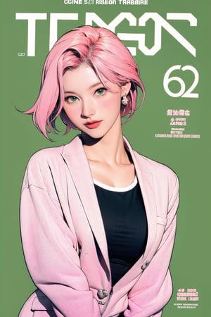 tennis girl outfit, 1girl, standing, pink hair, looking at viewer, hairstyle, detailed clothes, earrings, sanatw, magazine cover, green background, 2D artstyle,