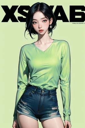 1girl, thigh up body, detailed clothes, kpop idol, hairstyle, long sleeves v_neck shirt, shorts, looking at viewer, sharp focus, magazine cover, green background, ((outline,)) chimai, aespakarina,sanatw