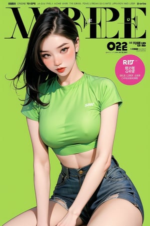 1girl, thigh up body, detailed clothes, kpop idol, hairstyle, croptop, looking at viewer, sharp focus, magazine cover, green background, ((outline,)) chimai, aespakarina,sanatw