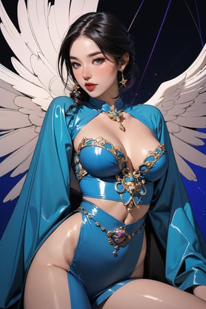 lustfully, dangerous, ((arc angel, arc priestess, )) thigh up body, 1girl, looking at viewer, intricate clothes, shiny, professional lighting, different hairstyle, coloful outfit, colorful background, intricate background, fantasy, ancient, chimai