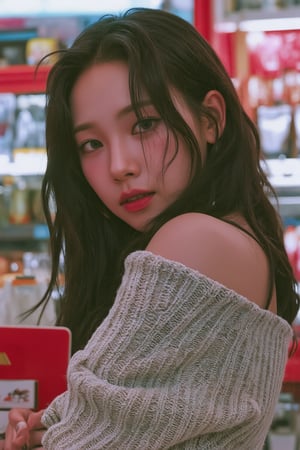 1girl, looking at viewer, styled shirt, off shoulder, detailed clothes, ultra detailed, profesional lighting, magazine cover, convenience store, soda cabinet, 7elenven, photorealistic, coke advertisement,

aespakarina, chimai