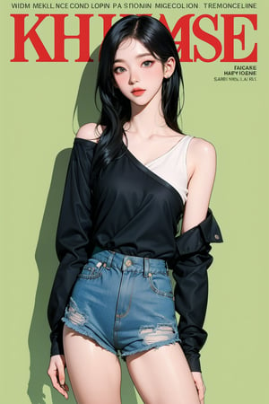 1girl, thigh up body, detailed clothes, kpop idol, shoulder length hair, hush cut, tight long sleeves v_neck button shirt, shorts, looking at viewer, sharp focus, magazine cover, green background, ((outline,)) chimai, aespakarina,sanatw