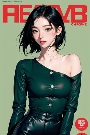 1girl, thigh up body, detailed clothes, kpop idol, shoulder length hair, hush cut hair, tight long sleeves v_neck button shirt, shorts, looking at viewer, sharp focus, magazine cover, green background, ((outline,)) chimai, aespakarina,sanatw